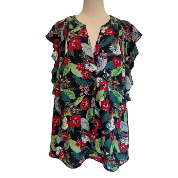 Zac & Rachel Woman Floral Ruffled Top Womens Size 2X Navy Tropical Casual Blouse - Picture 1 of 7